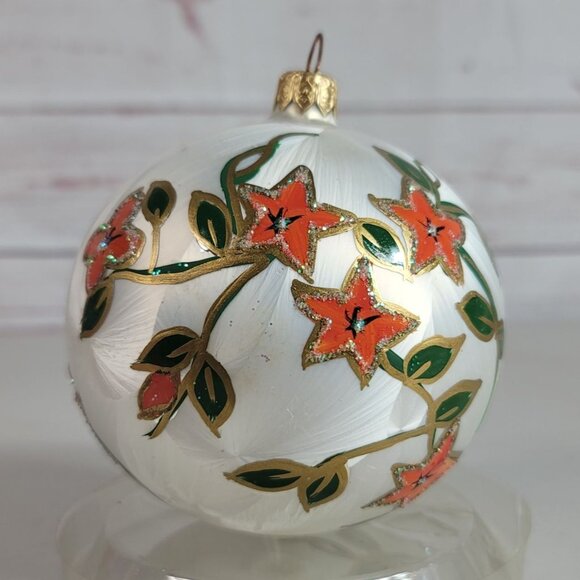 Authentic European Glass Pointsettia Ornament Hand Painted Sparkle Floral VTG - Picture 2 of 8